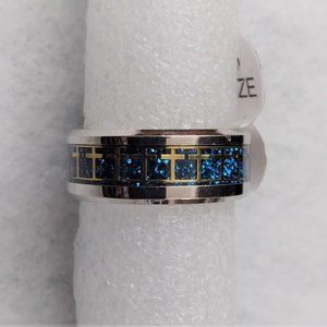 Brand New Titanium Steel Blue & Gold Cross Ring - Size 8